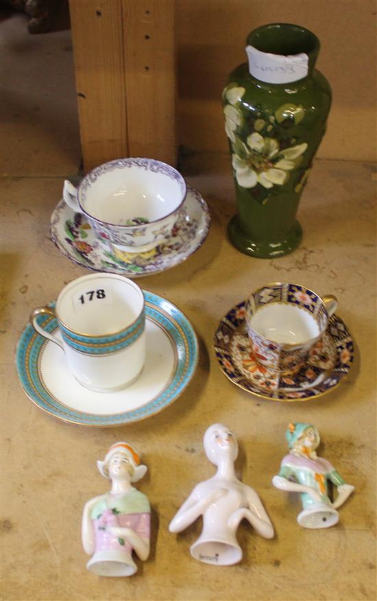 3 cups & saucers & pin cushion dolls etc